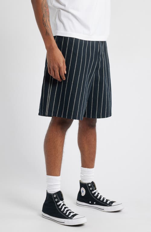 Obey Stripe Baggy Denim Shorts In Black Multi