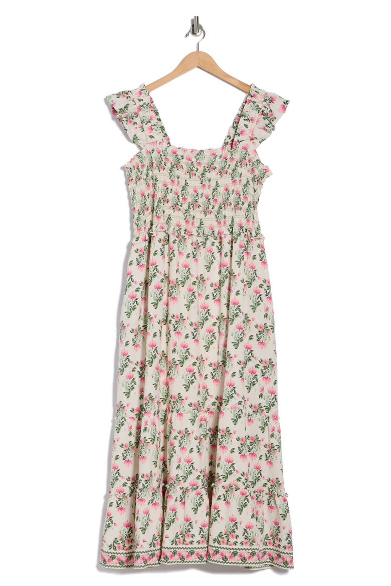 Floral Flutter Sleeve Maxi Dress, Alternate, color, ECRU/ PINK SUMMER BLOOMS