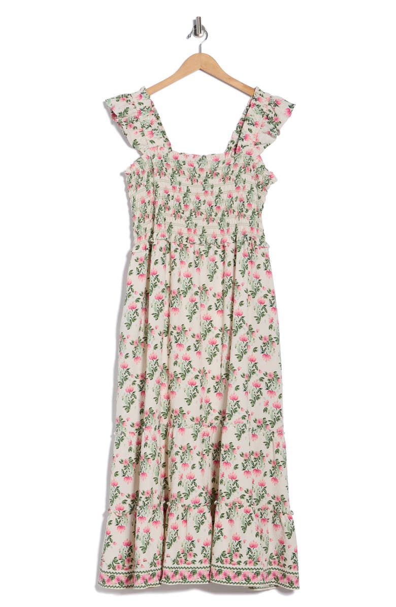 MAX STUDIO Floral Flutter Sleeve Maxi Dress, Main, color, Ecru/ Pink Summer Blooms