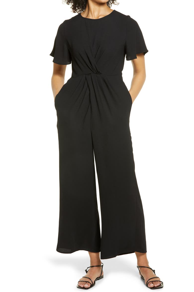 Twist Front Wide Leg Jumpsuit, Main, color, BLACK