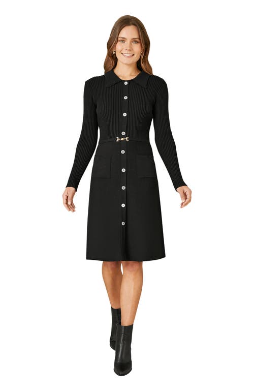 Yumi Belted Rib Knit Midi Dress With Pockets In Black