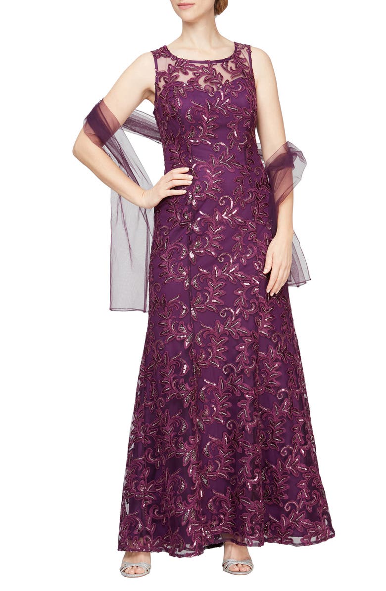 Alex Evenings Embroidered Tulle Gown with Shawl, Main, color, 
