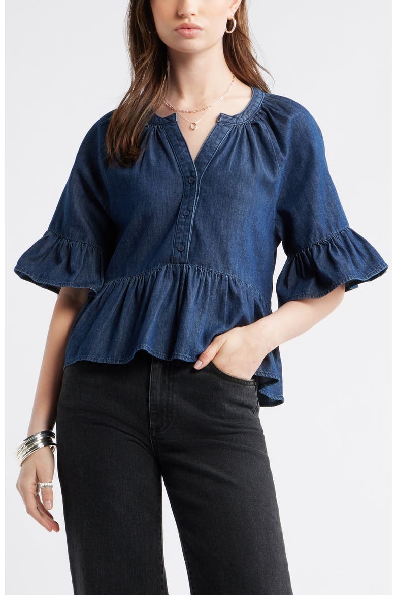 Cotton Chambray Peplum Top, Main, color, DARK MID WASH