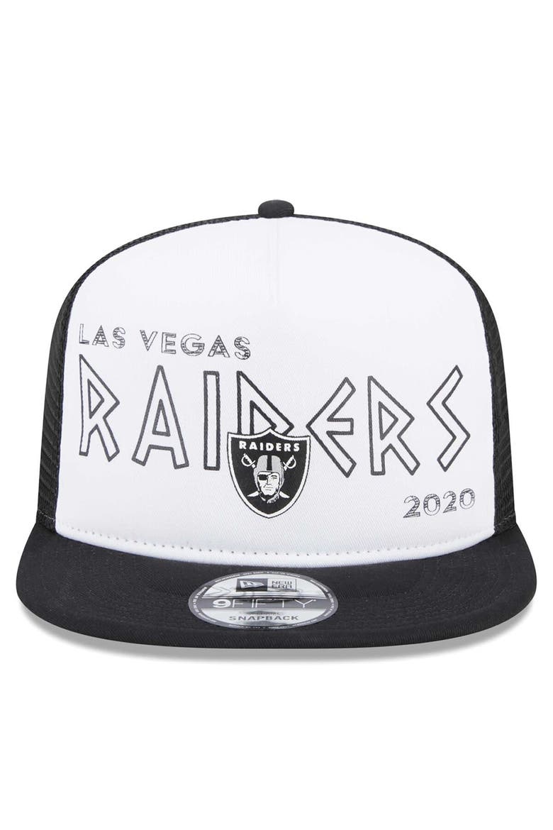 Men's New Era White/Black Las Vegas Raiders Banger 9FIFTY Trucker Snapback Hat, Alternate, color, White