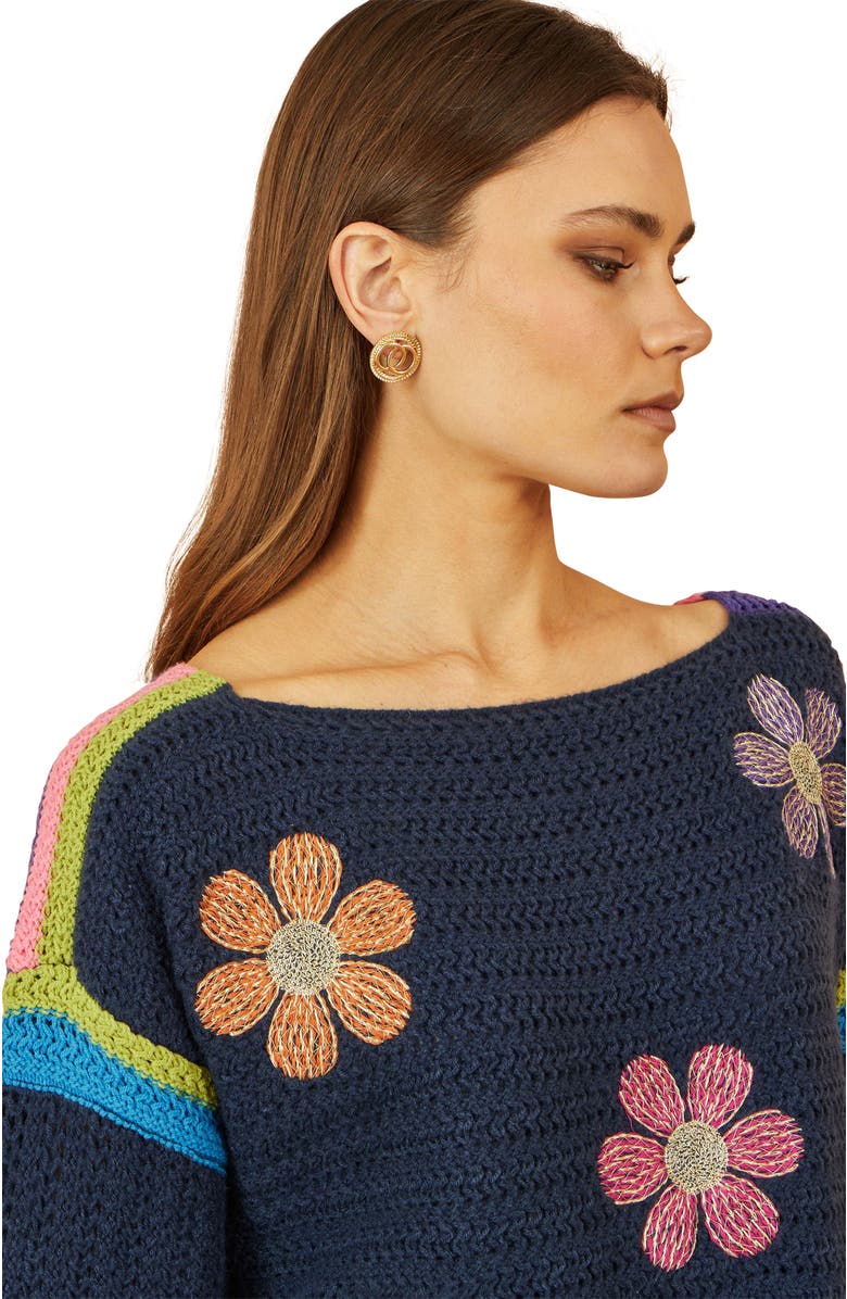 Yumi Crochet Flower Long Sleeve Jumper, Alternate, color, Navy