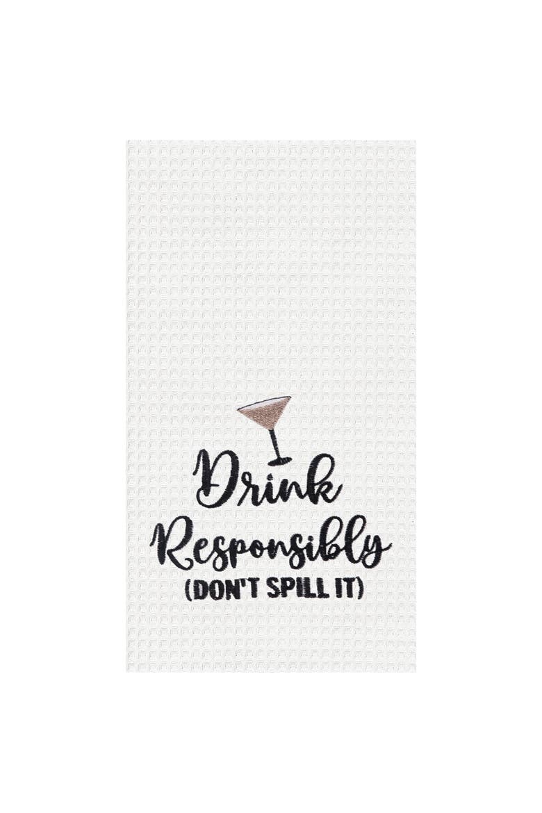"Drink Responsibly Don't Spill It" Martini Cotton Waffle Weave Dishtowel, Main, color, Black