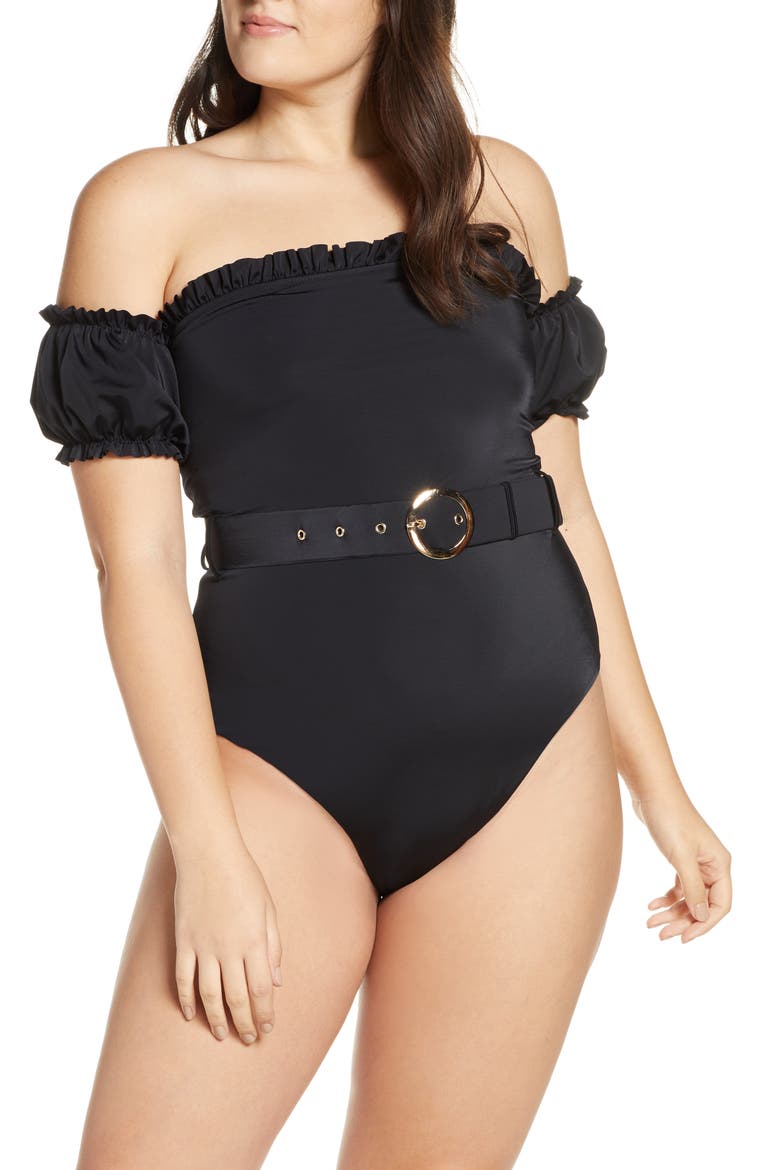 One-Piece Off the Shoulder Swimsuit (Nordstrom Exclusive), Alternate, color, BLACK