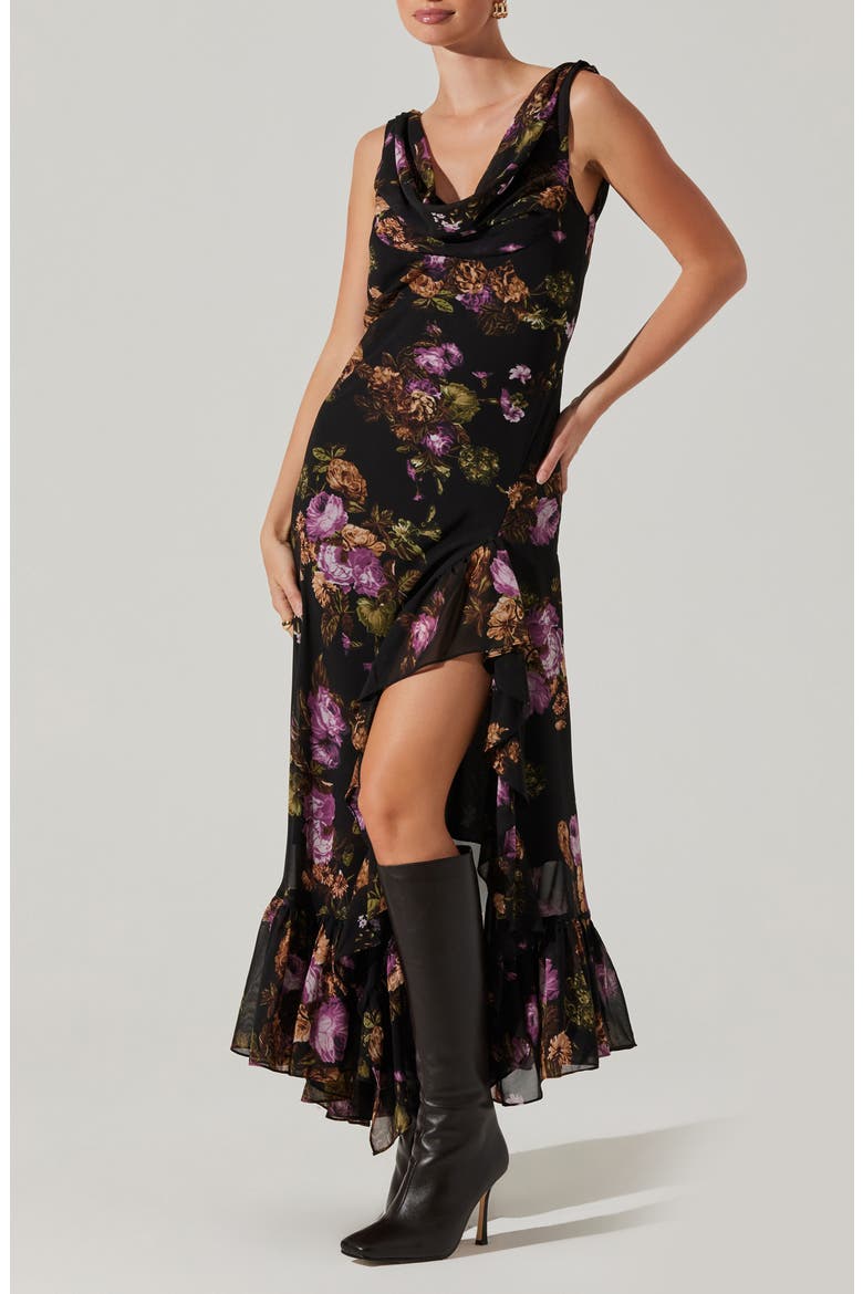 Cecelia Floral Cowl Neck Sleeveless Maxi Dress, Alternate, color, BLACK PURPLE FLORAL