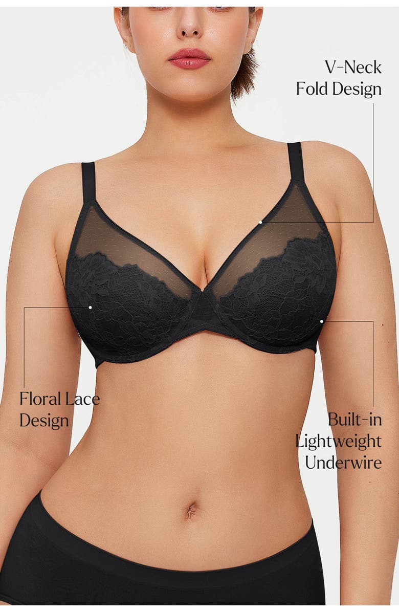 Popilush Lightweight Underwire Minimizer Lace Mesh Bra, Alternate, color, Classic Black