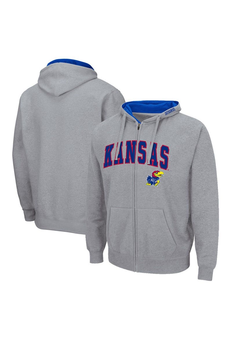 Men's Colosseum Heathered Gray Kansas Jayhawks Arch & Logo 3.0 Full-Zip Hoodie, Main, color, Heather Gray
