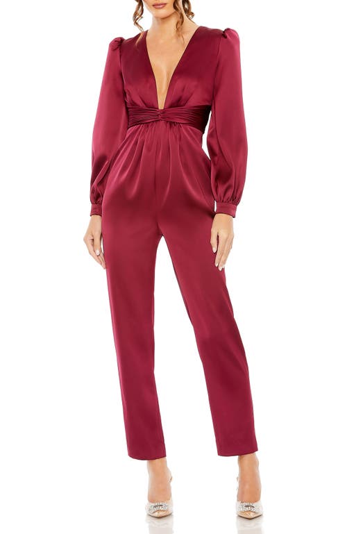 Mac Duggal Front Twist Puff Sleeve Deep V Jumpsuit In Red