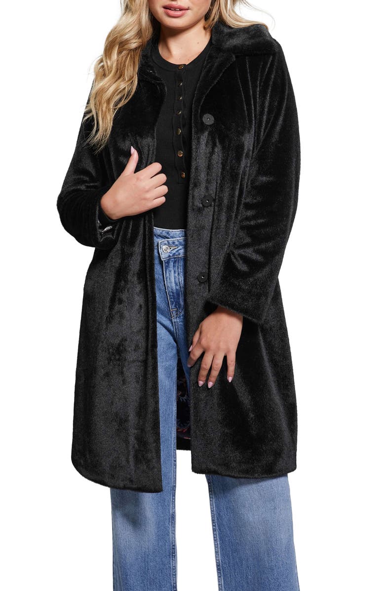 GUESS Simonne Longline Faux Fur Coat, Main, color, 