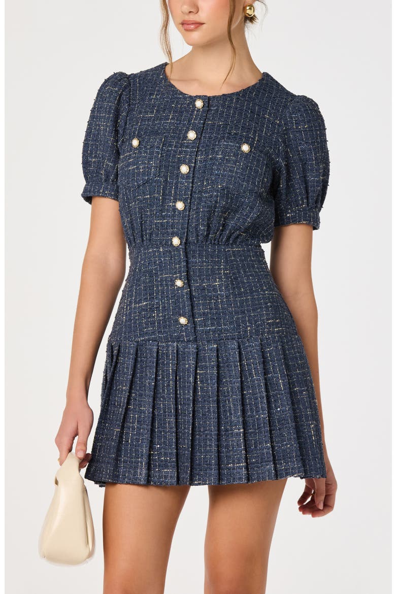 Brenlee Pleated Tweed Minidress, Alternate, color, DENIM BLUE