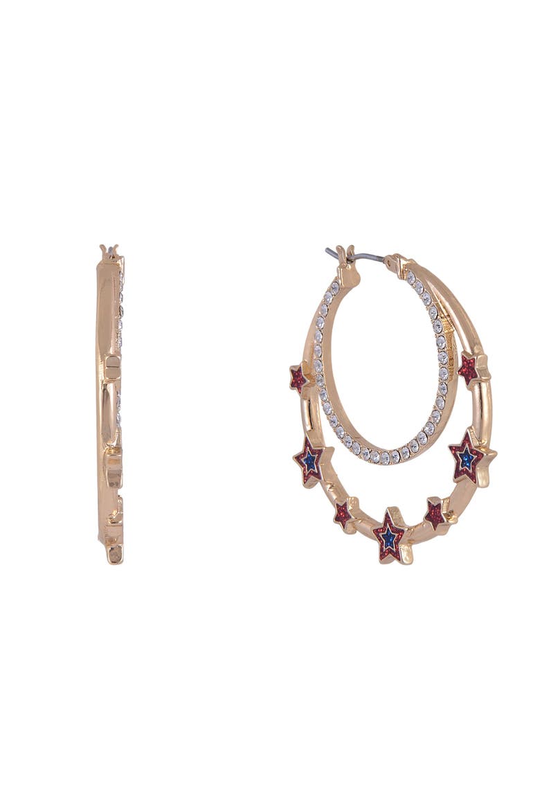 Double Stone Hoop Earrings with Red and Blue Star Accents, Main, color, Red