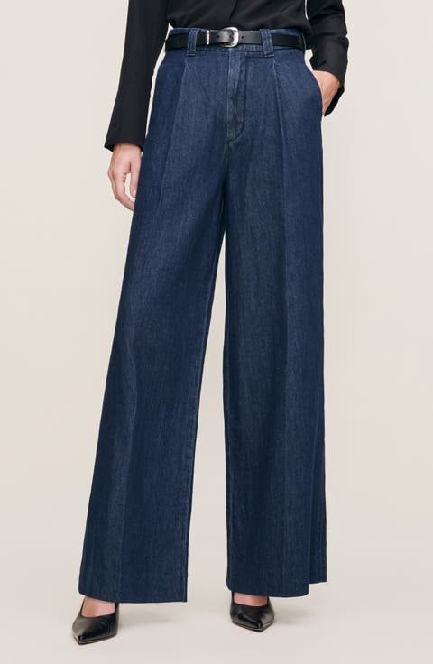 Hepburn Pleated High Waist Wide Leg Jeans (River Valley)