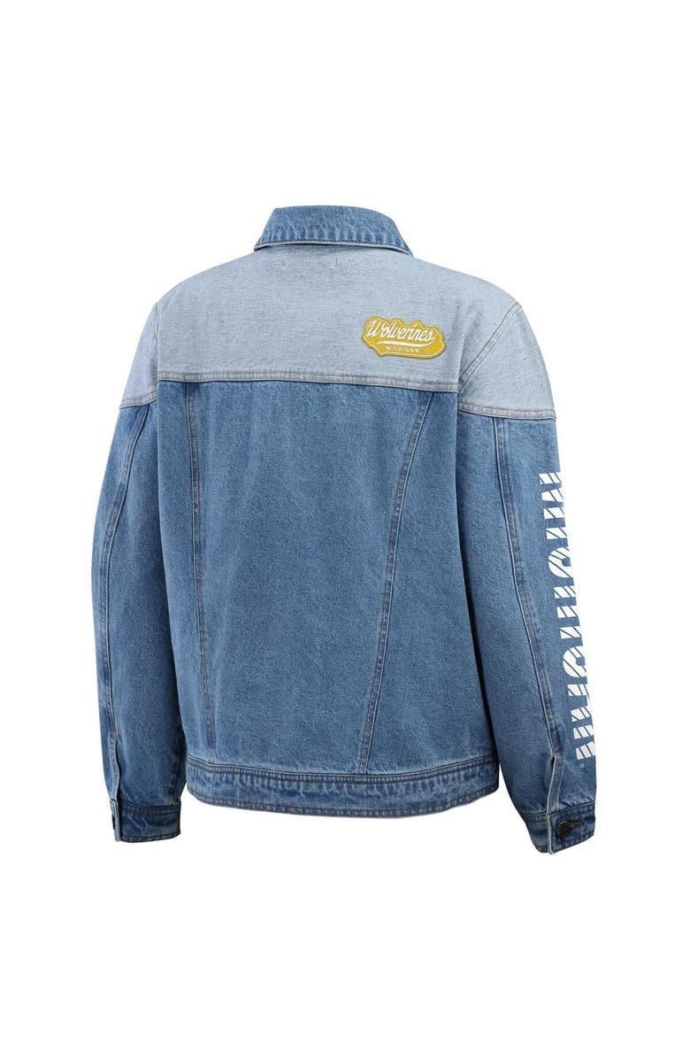 WEAR by Erin Andrews Women's WEAR by Erin Andrews Denim Michigan Wolverines Sleeve Hit Colorblock Button-Down Denim Jacket, Alternate, color, Denim