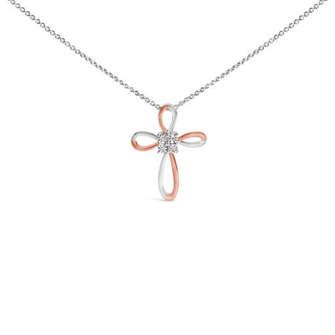 10K Rose Gold Plated Sterling Silver Diamond Accent Cross Pendant Necklace