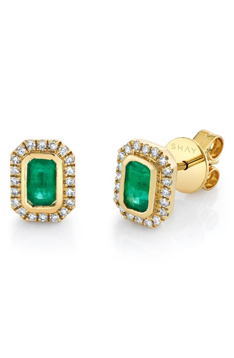 18K Gold Pavé Halo Emerald Earrings