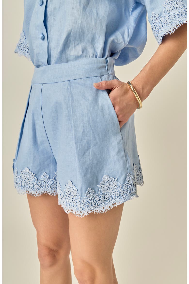 Lace Trim Linen & Cotton Shorts, Alternate, color, POWDER BLUE