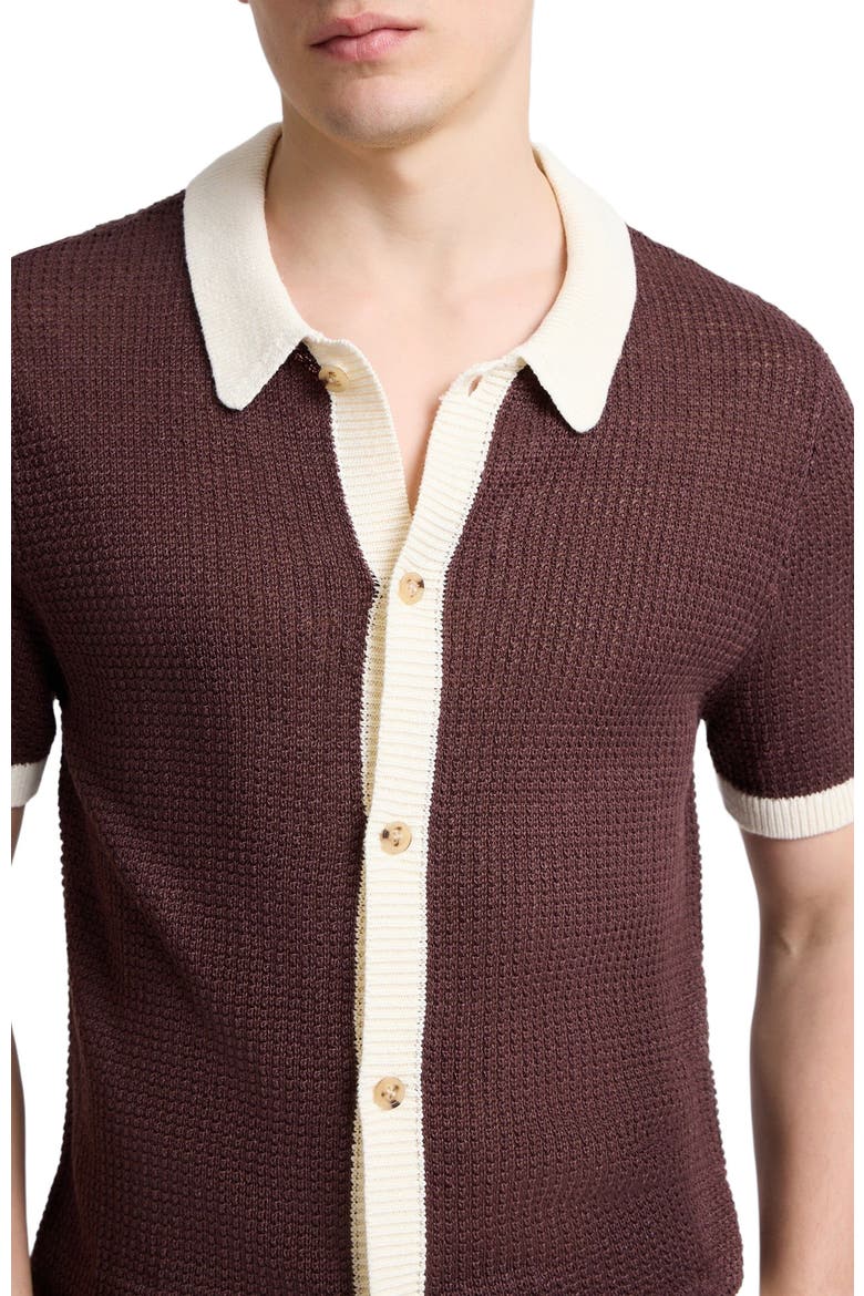 Linen Short Sleeve Button Up Sweater, Alternate, color, Espresso/Egret