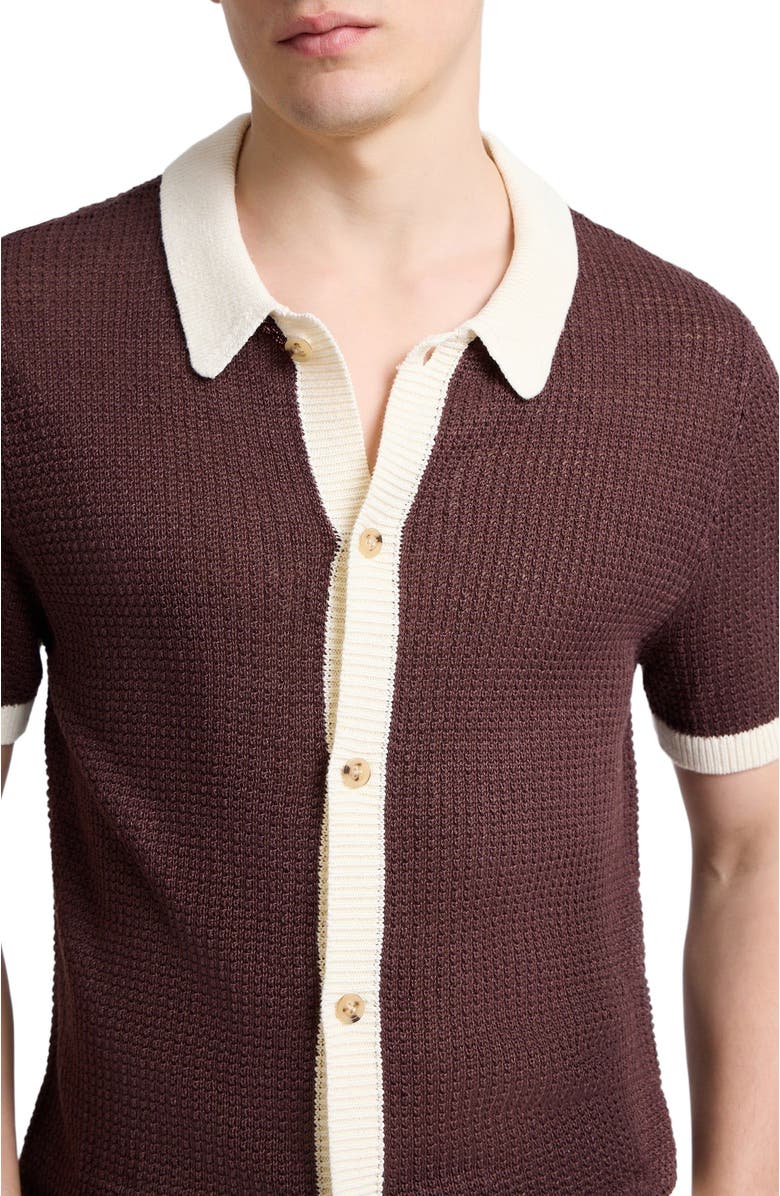 Onia Linen Short Sleeve Button Up Sweater, Alternate, color, Espresso/Egret