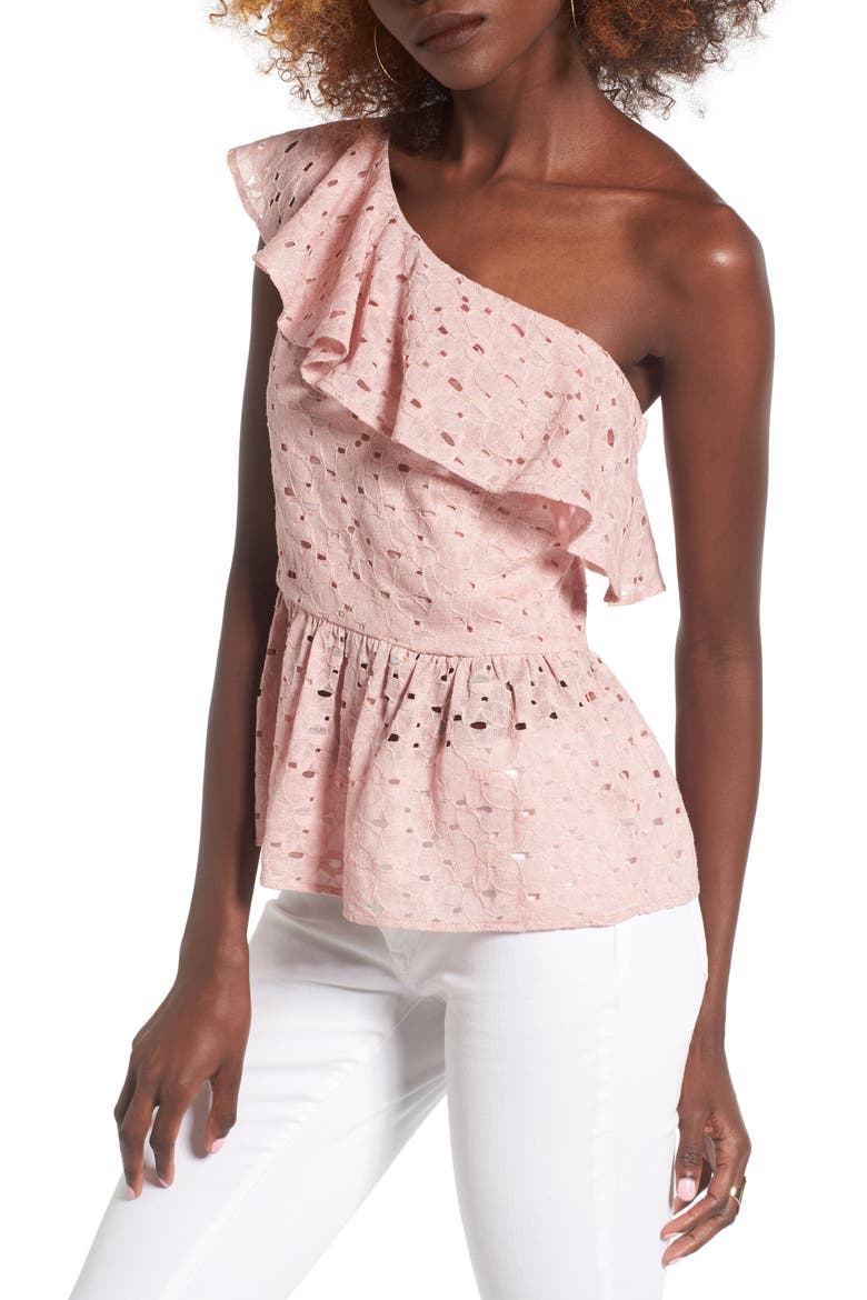 Lace One-Shoulder Peplum Top, Main, color, BLUSH PINK