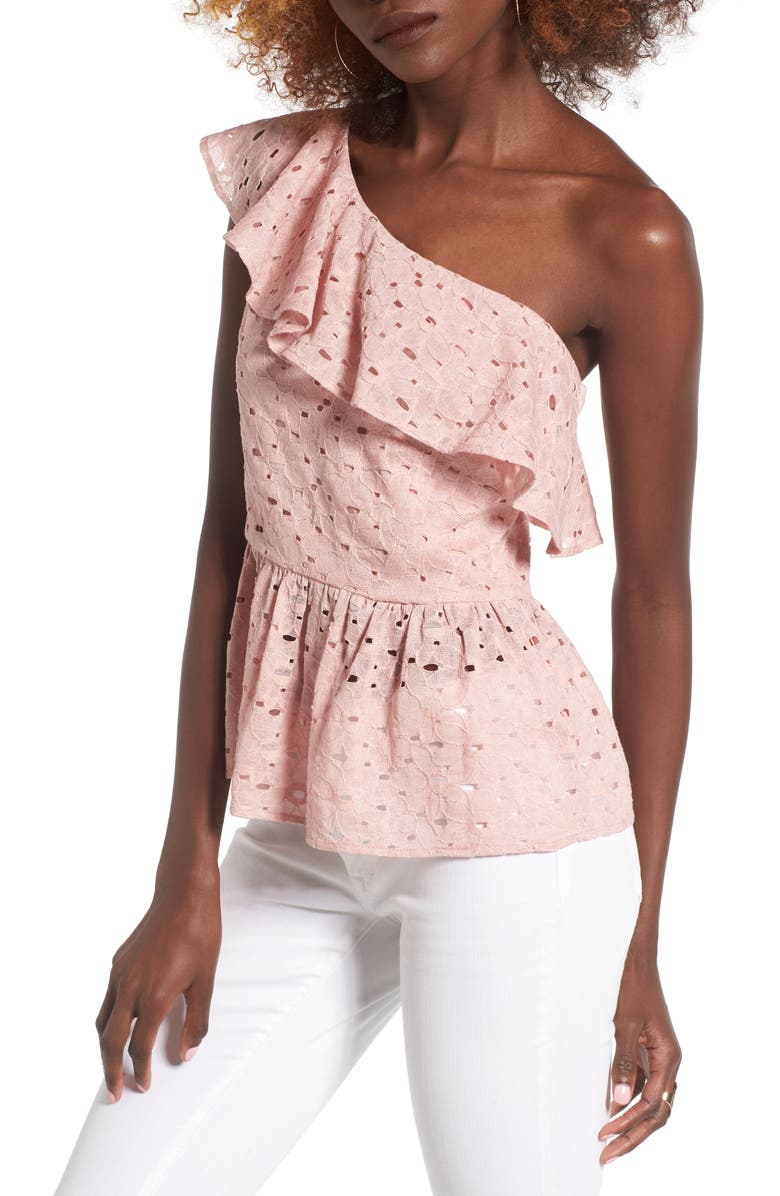 J.O.A. Lace One-Shoulder Peplum Top, Main, color, 
