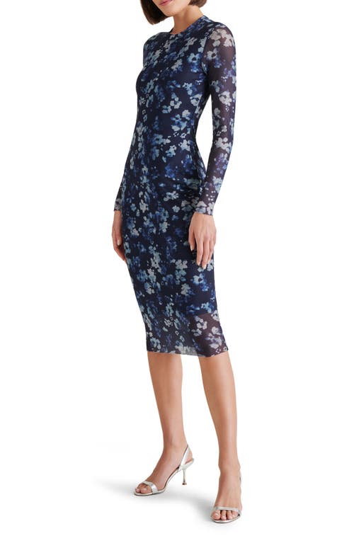 Steve Madden Hailee Floral Long Sleeve Mesh Body-con Midi Dress In Indigo