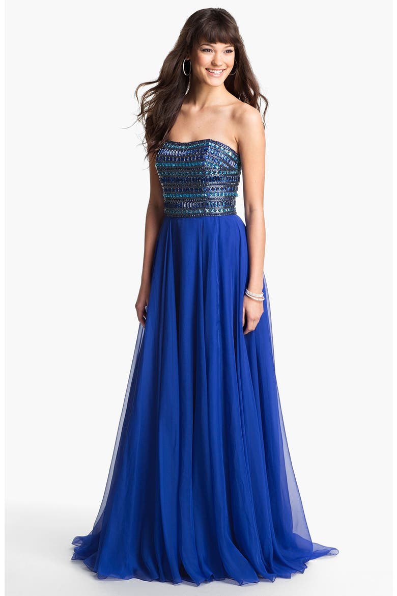 Embellished Strapless Chiffon Gown, Main, color, ROYAL