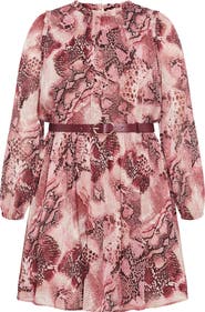 City Chic Maddie Print Belted Long Sleeve Dress