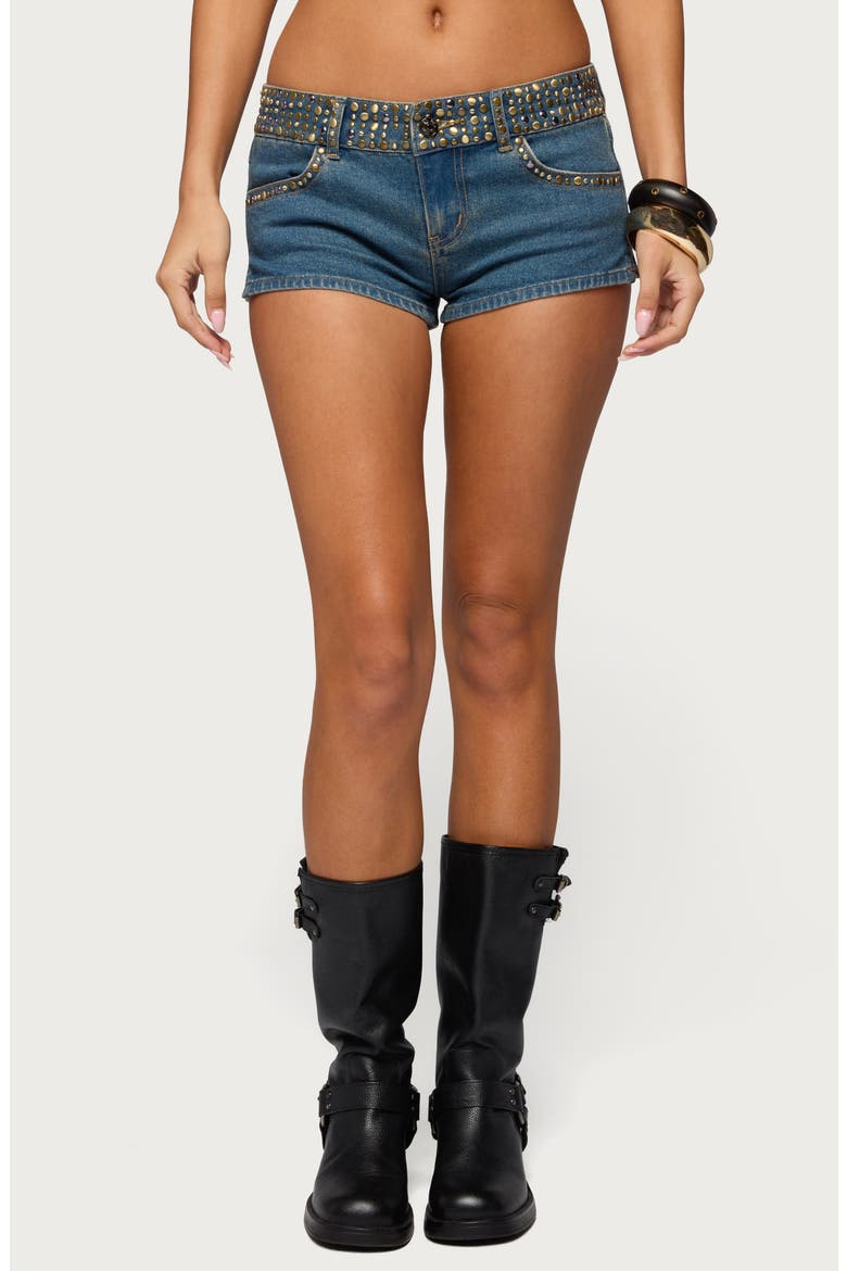 Studded Denim Shorts, Main, color, BLUE-WASHED