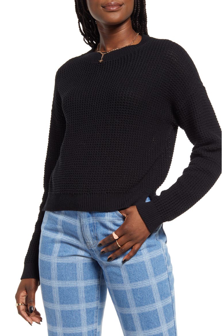 Thermal Knit Crop Sweater, Main, color, BLACK
