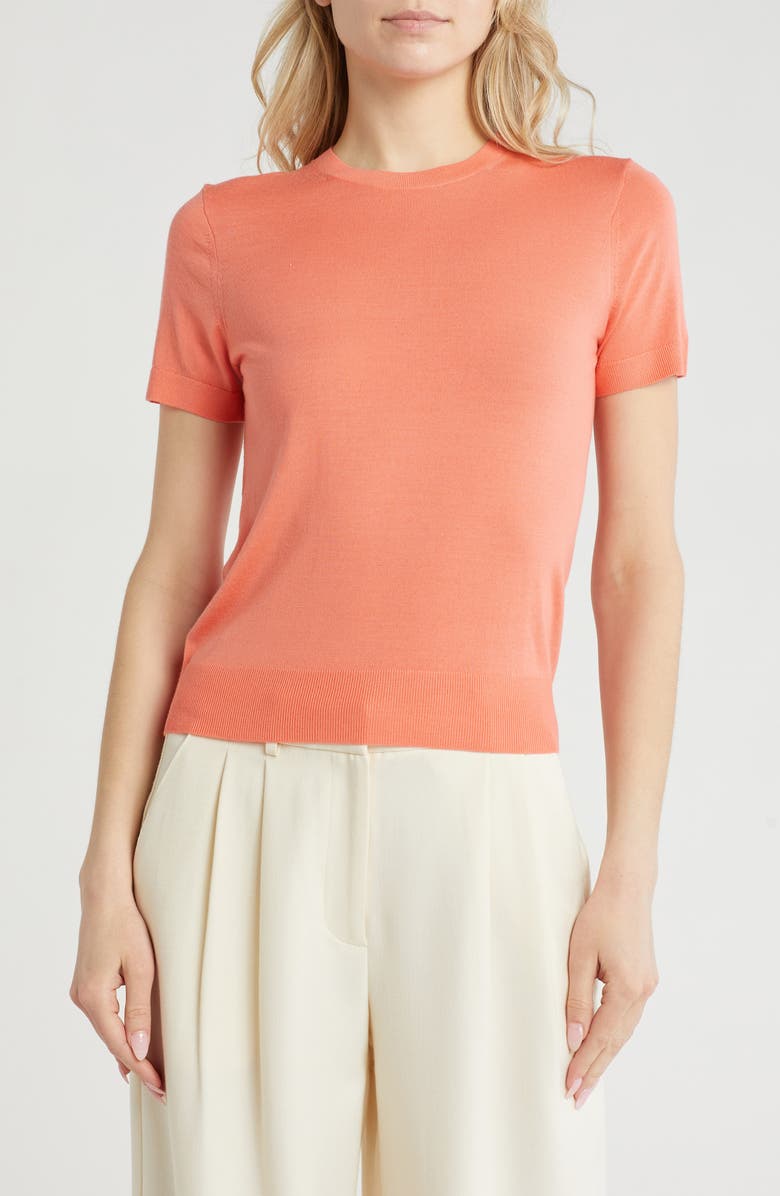 Theory P Regal Short Sleeve Wool Blend Sweater, Main, color, Brt Coral