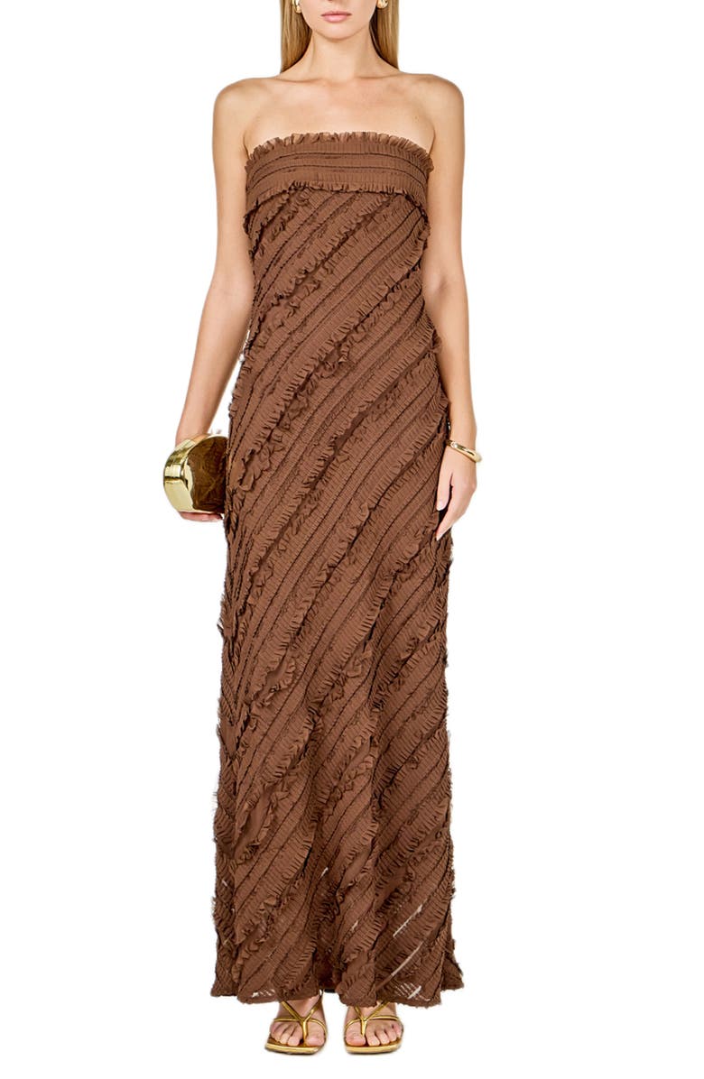 Endless Rose Ruffle Strapless Maxi Dress, Main, color, Chocolate