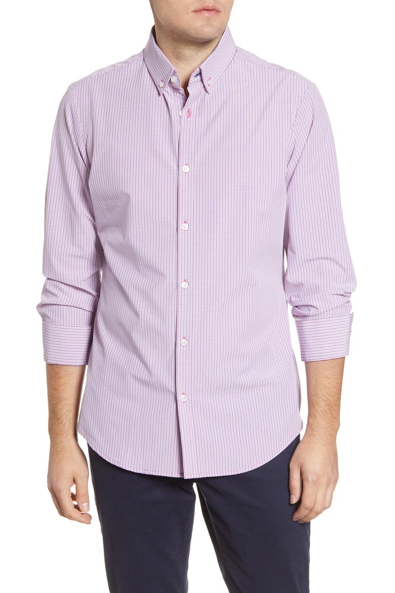 Mizzen + Main Leeward Trim Fit Button-Down Performance Shirt, Main, color, RED NAVY MICRO CHECK