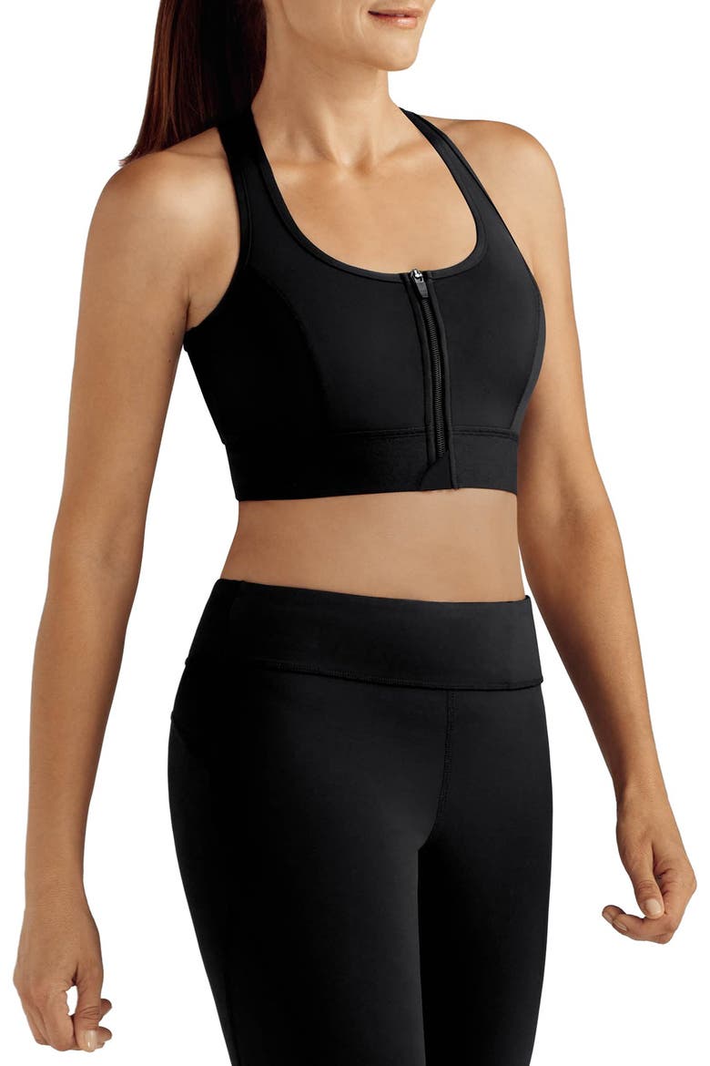 Front Zip Sports Bra, Main, color, BLACK