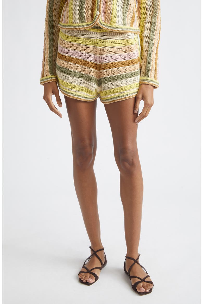 Indra Stripe Cotton Open Stitch Shorts, Main, color, YELLOW MULTI