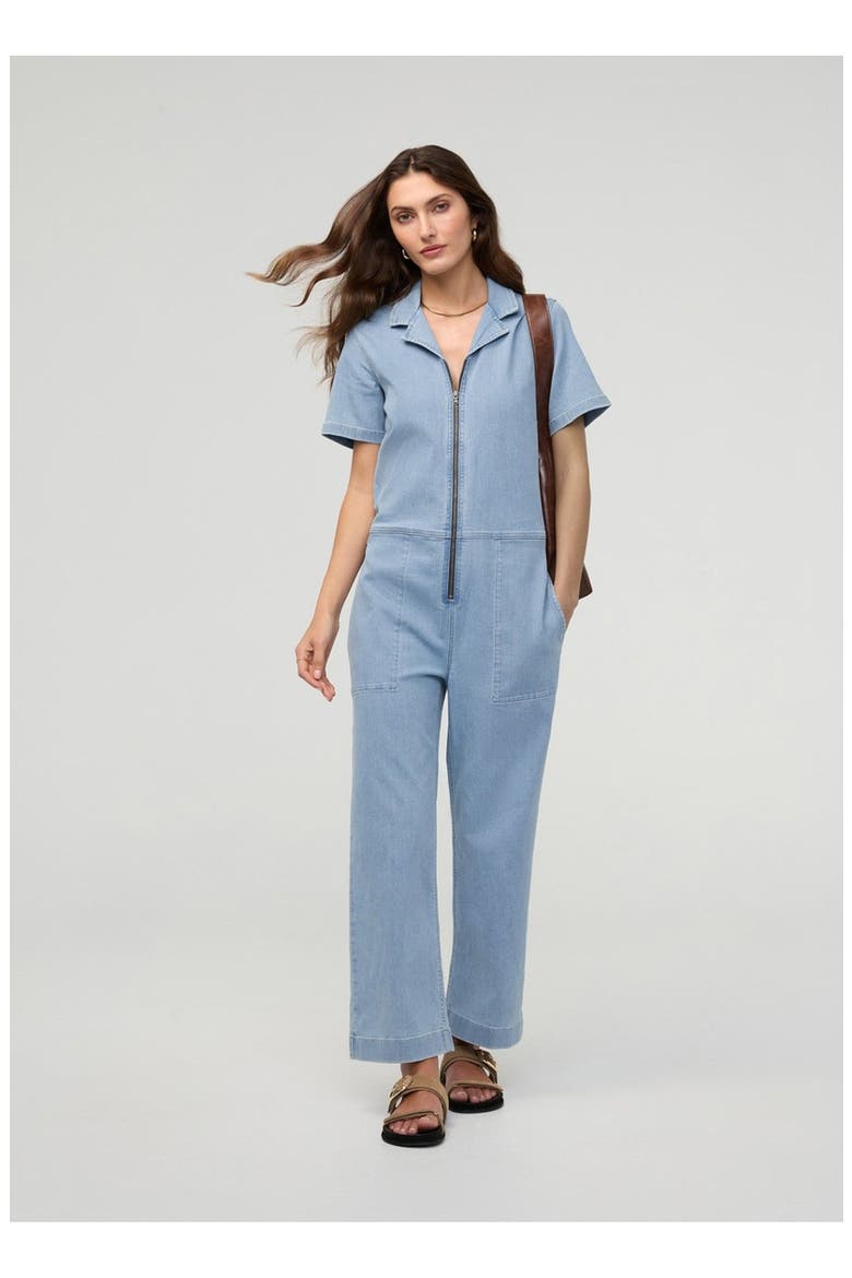 Performance Denim Short Sleeve Jumpsuit, Alternate, color, Desert-Blue