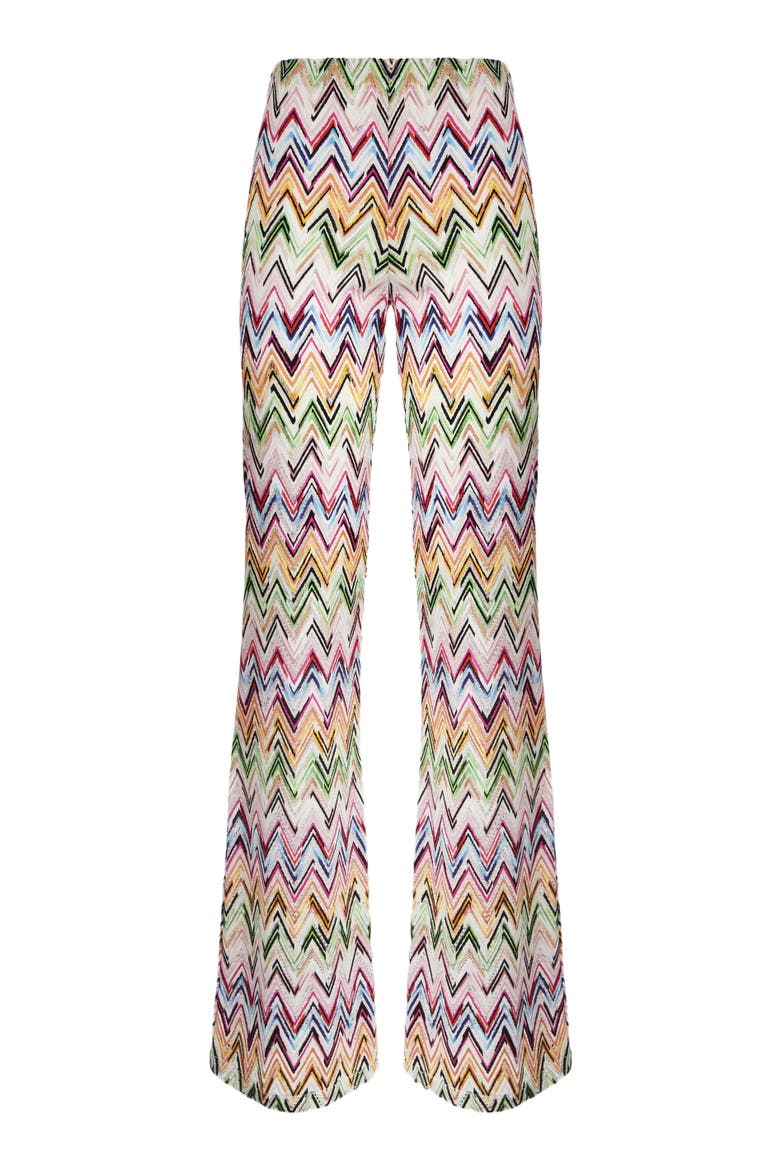 Flared Pants In Stretch Viscose With Lace Pattern And Zigzag Motif, Alternate, color, Multicoloured