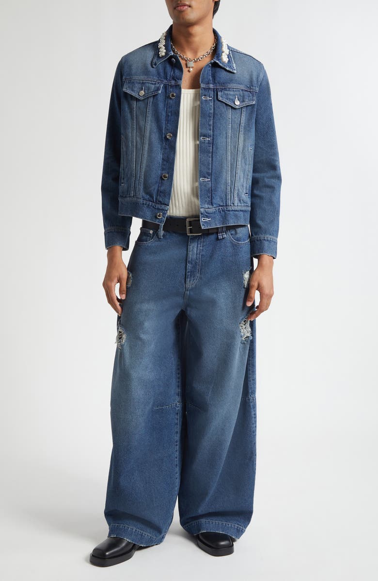 Simone Rocha Faux Pearl Trim Denim Trucker Jacket, Alternate, color, Distressed Blue/ Pearl/ Clear