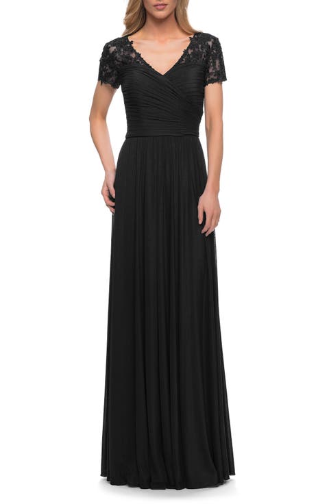 Jersey Long Evening Dress with Short Lace Sleeves