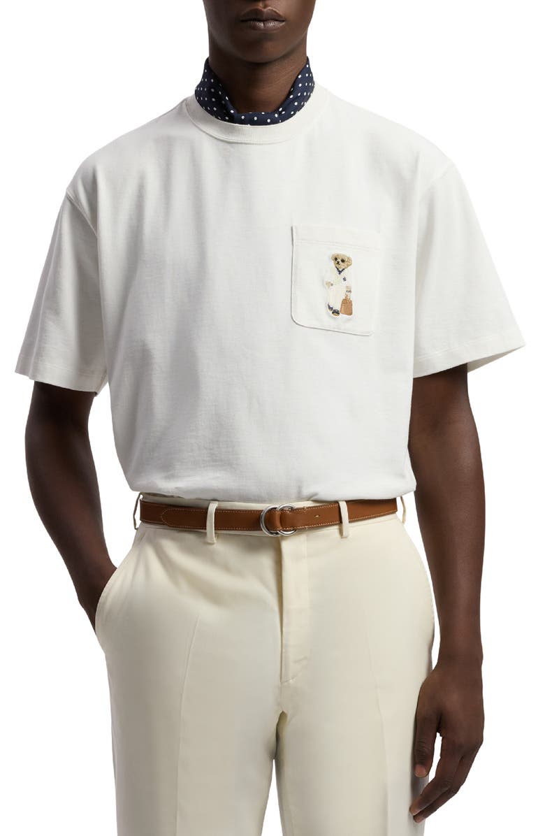 Ralph Lauren Purple Label Relaxed Fit Bear Embroidered Pocket T-Shirt, Main, color, Deckwash White