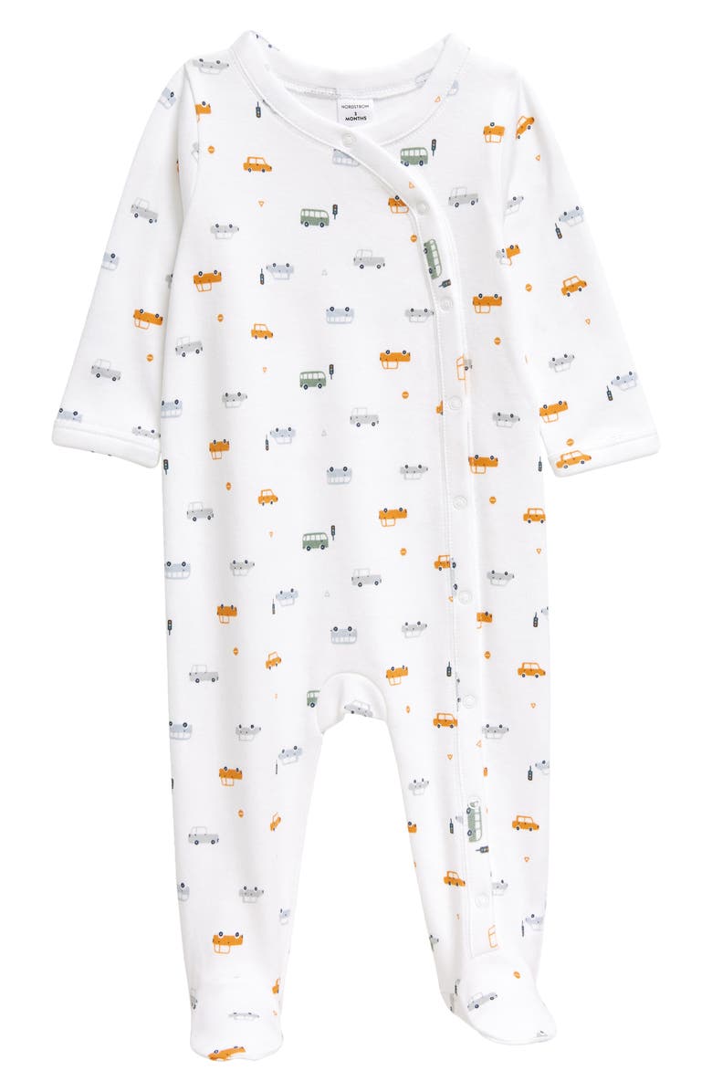 Nordstrom Print Cotton Footie, Main, color, White Tiny Cars