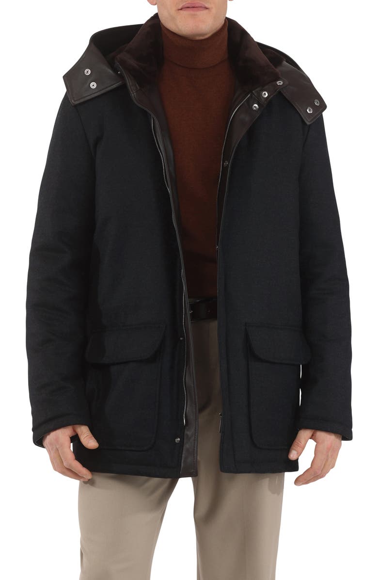 GORSKI Mens Wool And Cashmere Blend Parka with Genuine Shearling Lining, Alternate, color, Black/Brown