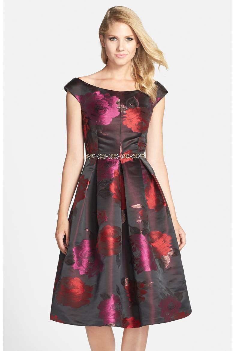 Embellished Metallic Jacquard Fit & Flare Dress, Main, color, PRINT