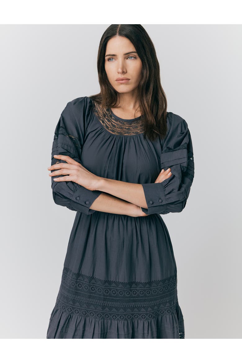 Leoni Lace Trim Cotton Midi Dress, Alternate, color, Charcoal
