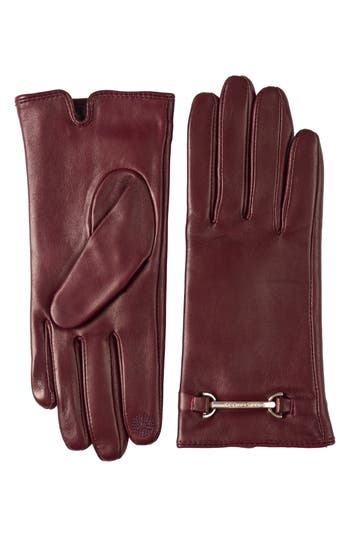 Bruno Magli Logo Buckle Leather Gloves In Burgundy