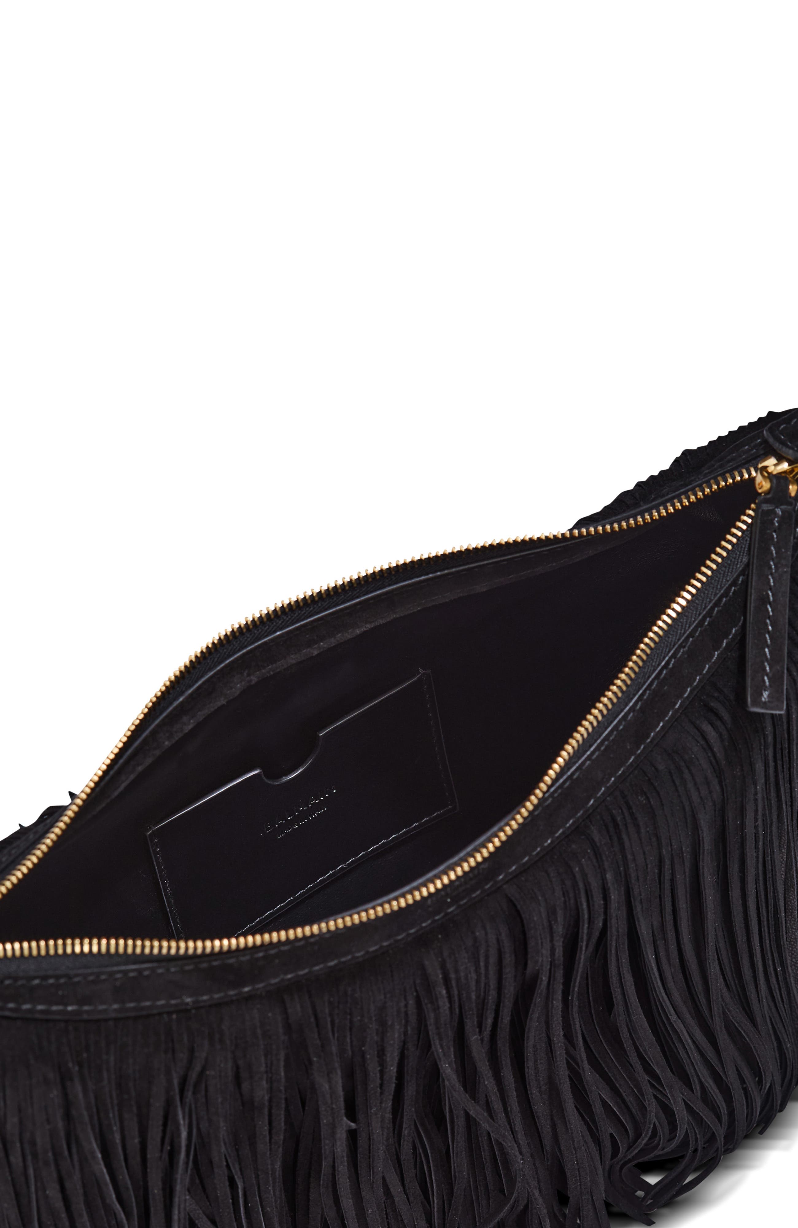 Balmain Ebene Suede Hobo Bag with Fringes, Alternate, color, Black