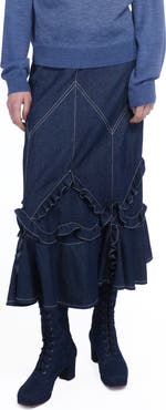 Anna Sui Denim Ruffle Maxi Skirt