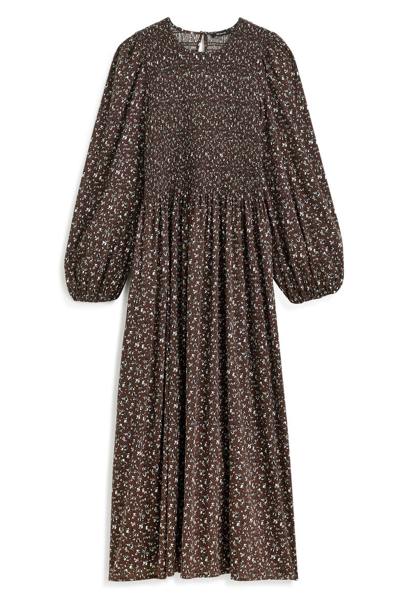 Selena Long Sleeve Smock Bodice Cotton Blend Midi Dress, Alternate, color, DARK CAROB